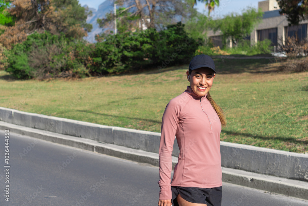 Young Latina woman walking outdoors in sportswear on a sunny day Young Latina woman walking outdoors in sportswear on a sunny day