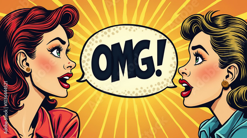 Two women sharing a shocking secret in retro pop art style