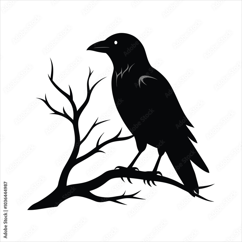 Fototapeta premium A striking vector illustration of a raven bird silhouette perched on a tree branch, perfect for spooky designs, Halloween projects, or nature-themed artworks with a gothic twist.