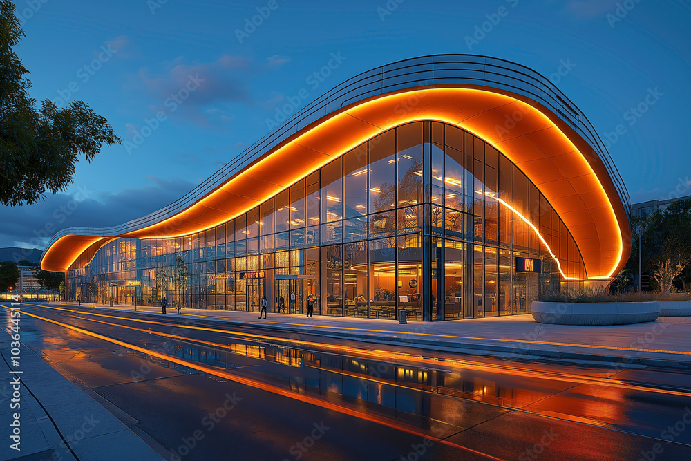 Obraz premium Modern Glass Architecture with Neon Lights at Night