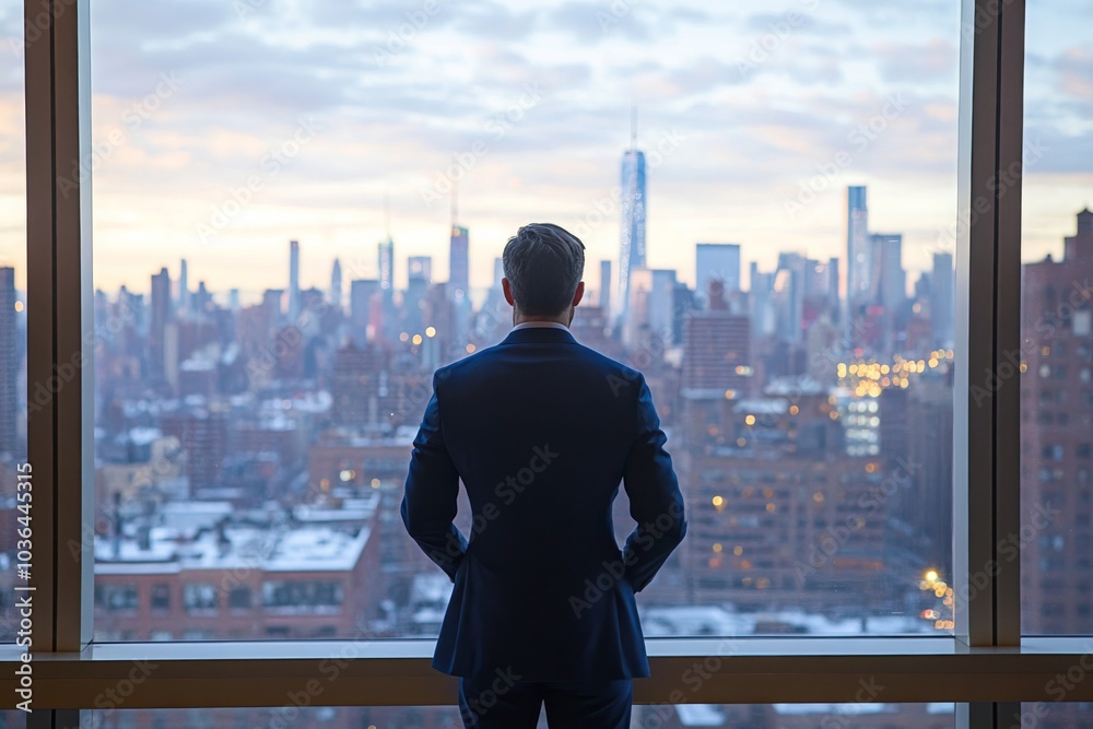 Man in Suit Looking at Cityscape Through Window, Businessman , Skyscraper , City View Man in Suit Looking at Cityscape Through Window, Businessman , Skyscraper , City View