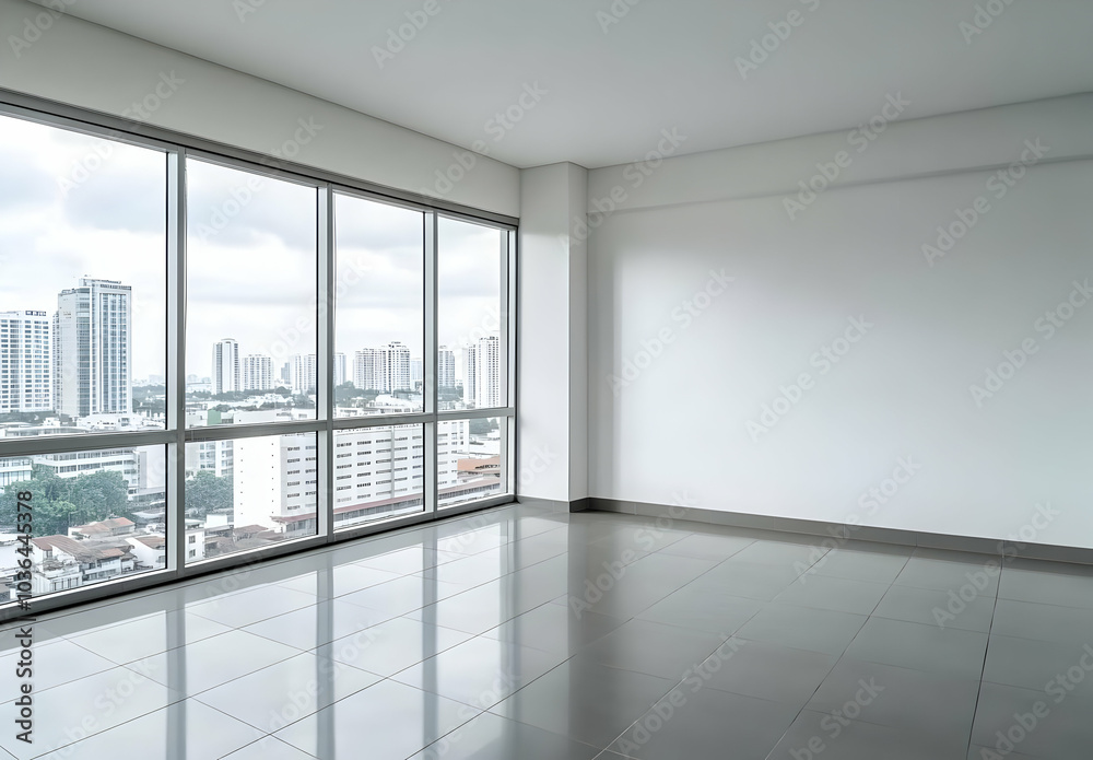 Fototapeta premium Spacious Empty Room with Large Windows Displaying City View