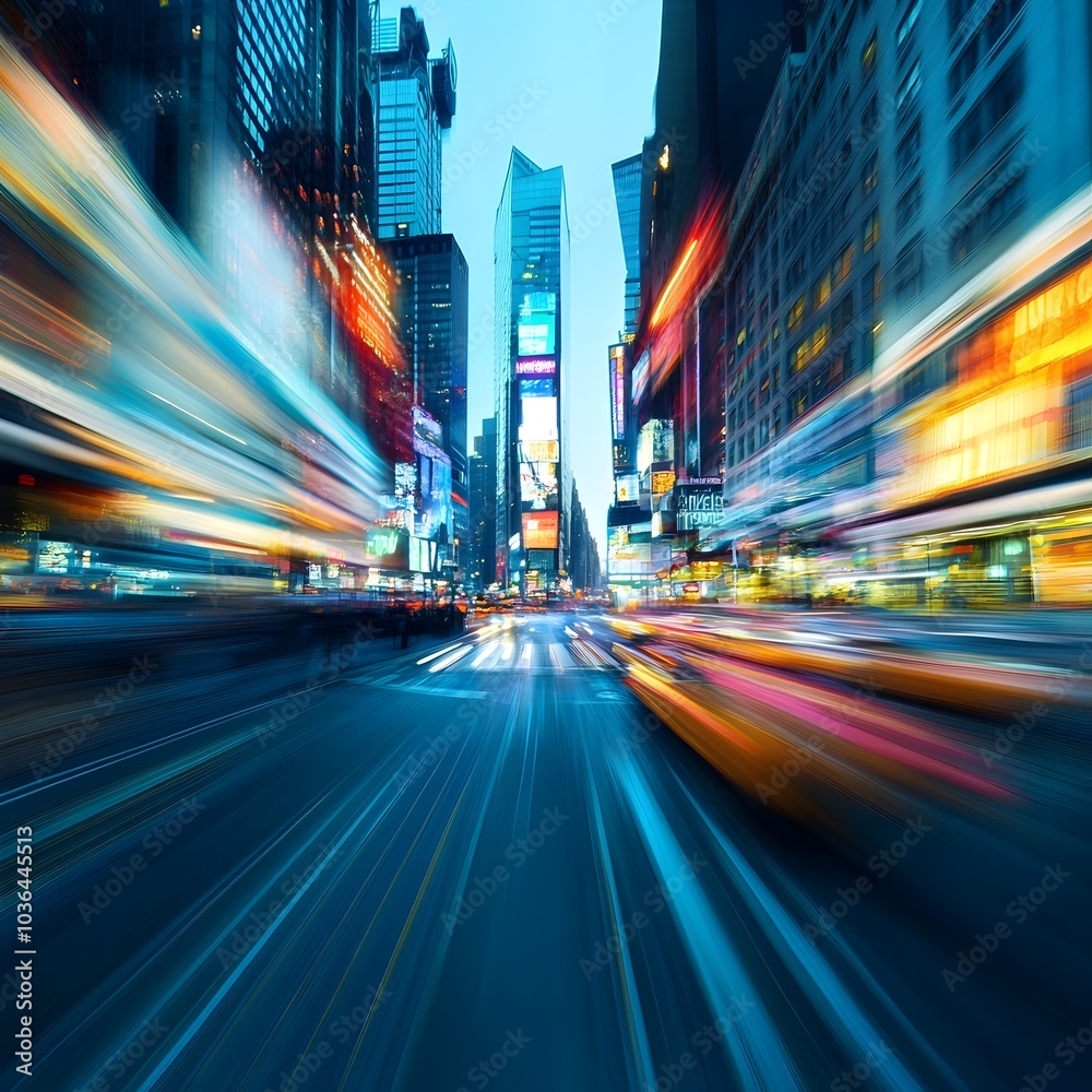 Blurred Motion of Vibrant Urban City Landscape at Night with Illuminated Skyscrapers and Rushing Traffic Blurred Motion of Vibrant Urban City Landscape at Night with Illuminated Skyscrapers and Rushing Traffic