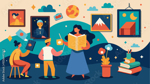 The event also featured a small art gallery showcasing illustrations and paintings inspired by the book further celebrating the importance of creativity in literature.. Vector illustration