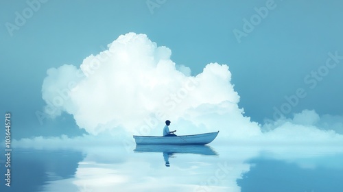 Solitude in a Rowboat Beneath a Cloudy Sky, digital painting, single figure in a boat, calm water, blue and white, minimalist art, serenity