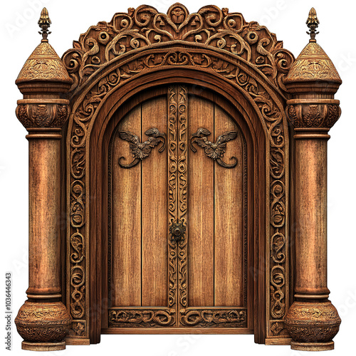 Ornate wooden door clipart, traditional element, intricate carvings, isolated on white background 