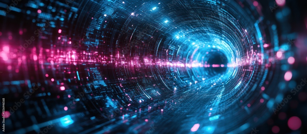Fototapeta premium Abstract digital tunnel with glowing lights and circles.
