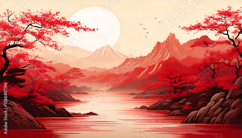  Chinese style, there are mountains and rivers, the upper middle part is left blank