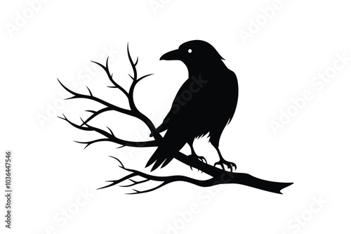 A striking vector illustration of a raven bird silhouette perched on a tree branch, perfect for spooky designs, Halloween projects, or nature-themed artworks with a gothic twist.