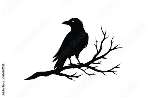 A striking vector illustration of a raven bird silhouette perched on a tree branch, perfect for spooky designs, Halloween projects, or nature-themed artworks with a gothic twist.