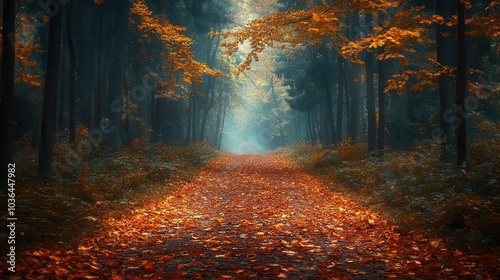 Serene forest path with autumn leaves, Nature, Peace photo