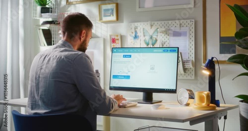 Wallpaper Mural Adult man enters prompt in artificial intelligence app on PC. AI video generator generates detailed video of modern house. From text prompt to realistic generated video. Automated artwork. Back view. Torontodigital.ca