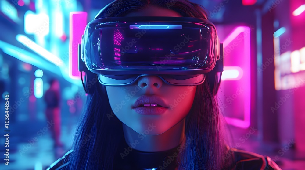Young woman using glasses of virtual reality on dark background. Smartphone using with VR headset,virtual reality,future technology concept.Asian woman using VR glasses in colorful neon lights. 