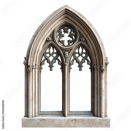 A gothic arched window with intricate carvings, architectural element, 3D illustration, stone texture, isolated on white background 