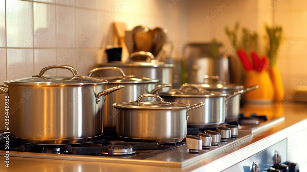 A set of clean stainless steel pots and pans neatly arranged on a stove in a chic kitchen. A set of clean stainless steel pots and pans neatly arranged on a stove in a chic kitchen.