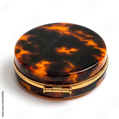 Closeup of a Tortoise Shell Compact with Gold Hinges. photo