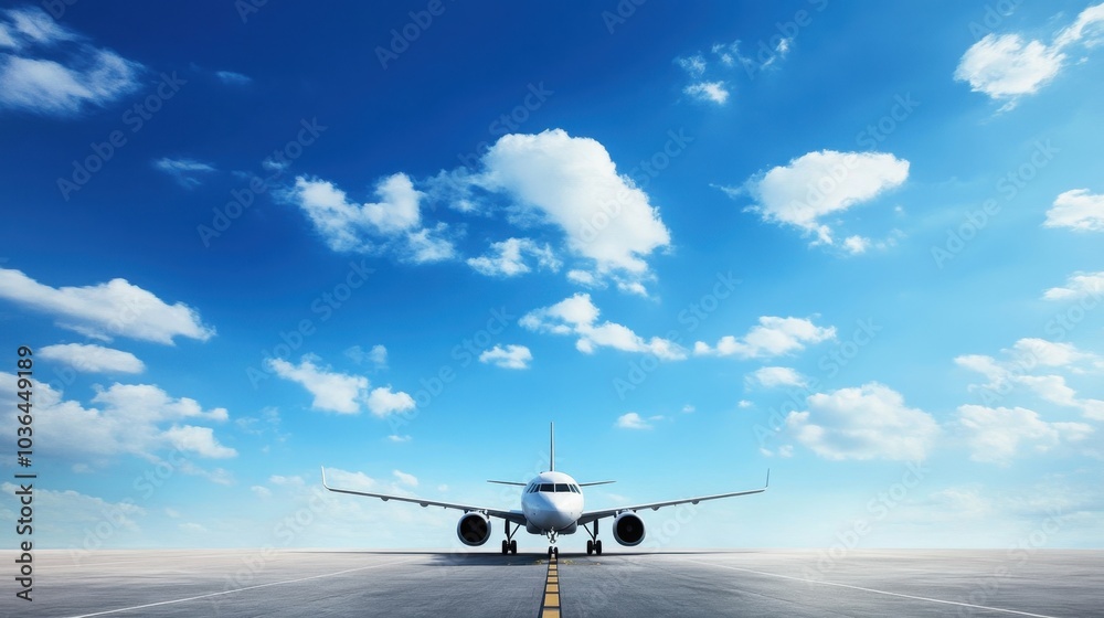 Obraz premium A sleek airplane positioned on a runway beneath a clear blue sky with scattered clouds, representing aviation and travel.