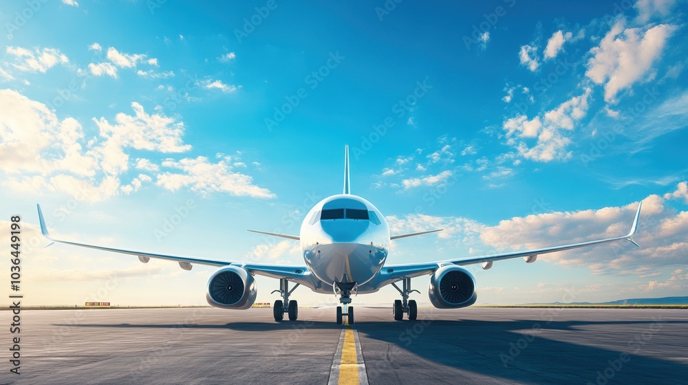 A sleek airplane positioned on a runway beneath a clear blue sky with scattered clouds, representing aviation and travel. A sleek airplane positioned on a runway beneath a clear blue sky with scattered clouds, representing aviation and travel.