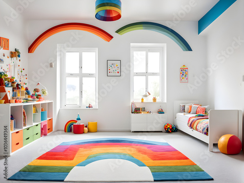 Colourful children rooom with white walls and furniture. Rainbow carpet at home interior with a window photo