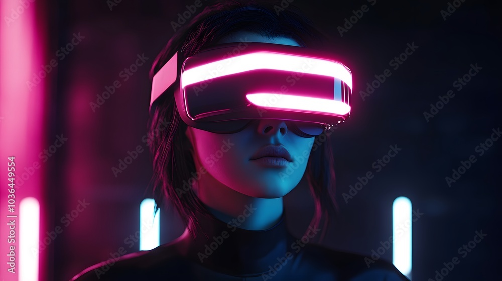 Young woman using glasses of virtual reality on dark background. Smartphone using with VR headset,virtual reality,future technology concept.Asian woman using VR glasses in colorful neon lights. Young woman using glasses of virtual reality on dark background. Smartphone using with VR headset,virtual reality,future technology concept.Asian woman using VR glasses in colorful neon lights.