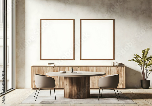 Modern Dining Room with Blank Poster Frames on Wall