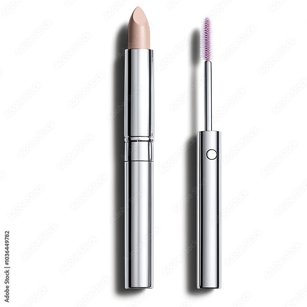Close-up of a nude lipstick and a mascara wand. Close-up of a nude lipstick and a mascara wand.