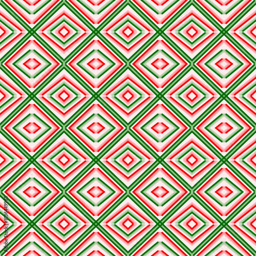 Illustrated 3D green and red geometric seamless pattern, Christmas festive, Christmas textiles background. Ideal for Christmas theme, card, Christmas decoration,card, brochure ,advertising etc., 