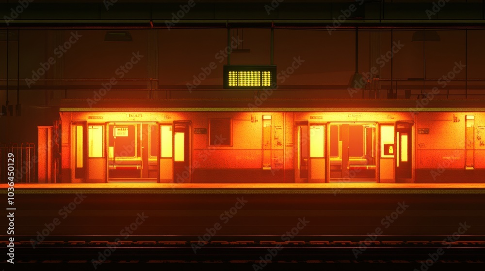 Fototapeta premium A subway train with open doors, illuminated by warm lights in a dark, empty station, creating a quiet yet inviting nighttime scene.