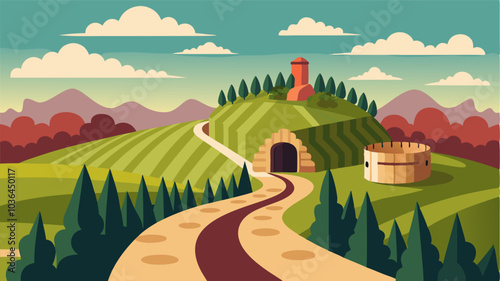 Winding dirt paths ting through the sprawling vineyard leading to a secluded stonewalled wine cellar.