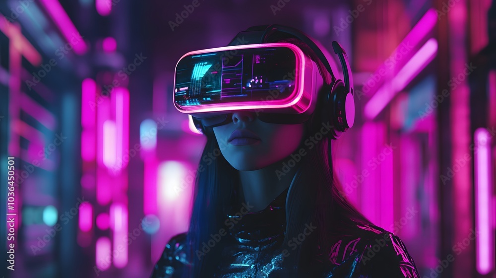 Young woman using glasses of virtual reality on dark background. Smartphone using with VR headset,virtual reality,future technology concept.Asian woman using VR glasses in colorful neon lights. Young woman using glasses of virtual reality on dark background. Smartphone using with VR headset,virtual reality,future technology concept.Asian woman using VR glasses in colorful neon lights.
