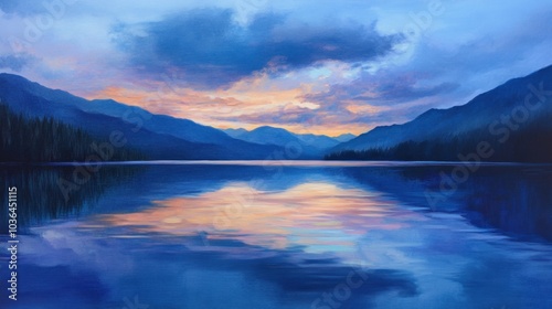 An idyllic mountain lake at twilight, with soft light illuminating the water and the sky transitioning to deep blues and purples.