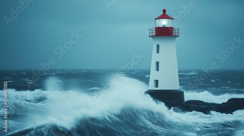 An inspiring depiction of a lighthouse standing firm against a stormy backdrop, representing resilience and leadership in turbulent waters.