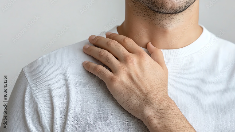 Fototapeta premium Close-up of a man in a white shirt touching his shoulder, conveying concepts of pain, comfort, or self-care against a plain background.