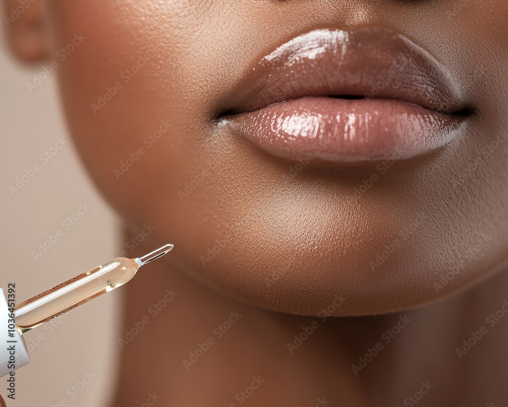 Obraz premium Close-up of a woman's lips receiving a skincare serum. Shows smooth, hydrated skin, highlighting beauty and skincare routine.