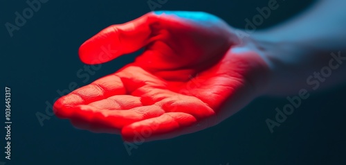 Wallpaper Mural Close-up of a hand illuminated by red and blue lighting, creating a dramatic effect and highlighting texture and shape in a dark atmosphere. Torontodigital.ca