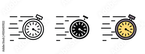 Time running fast icon, set of three manual stop watches moving very fast in one direction representing time running very fast, stop watch icon