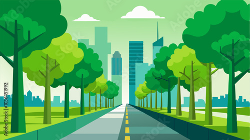 Towering trees line the sidewalk providing a refreshing pop of green against the stark urban landscape.