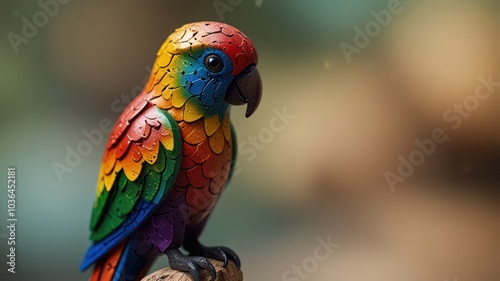 A colorful parrot figurine perched on a branch, with a blurred green background.