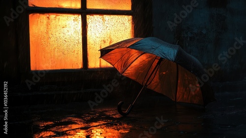 Umbrella in the Rain with a Glowing Window photo