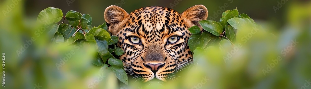 Obraz premium A Leopard's face peeks through lush green foliage, eyes locked on something unseen.