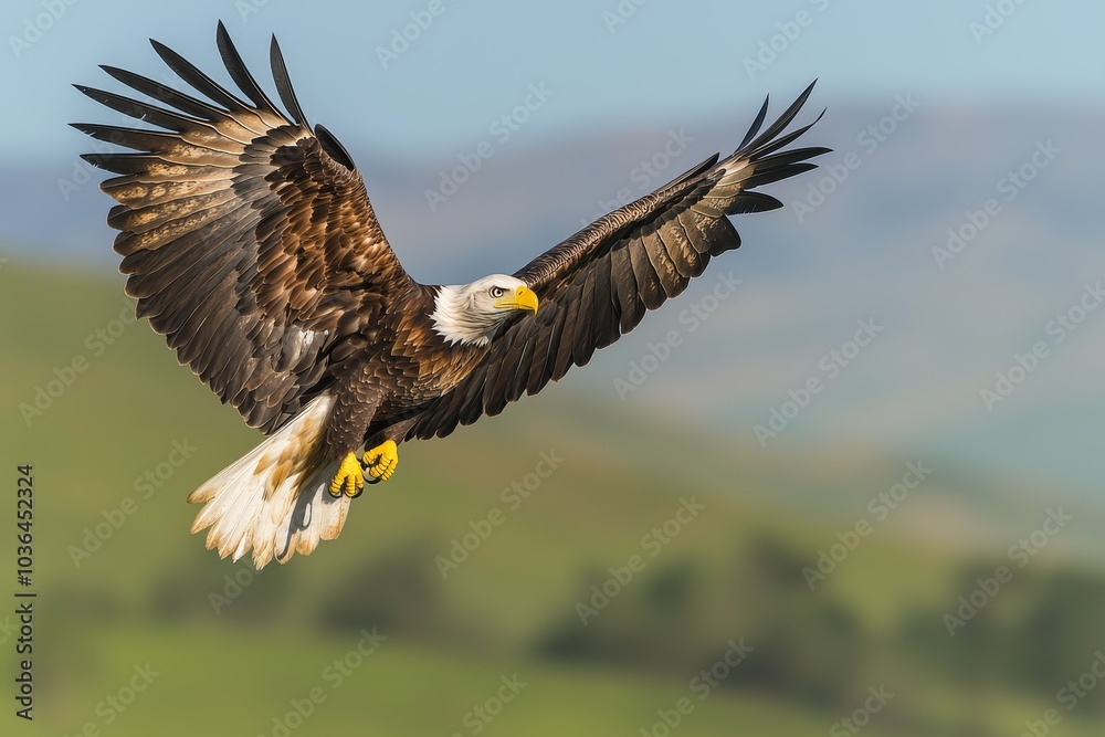 Obraz premium A majestic bald eagle swoops gracefully, wings spread wide against a green landscape and blue sky