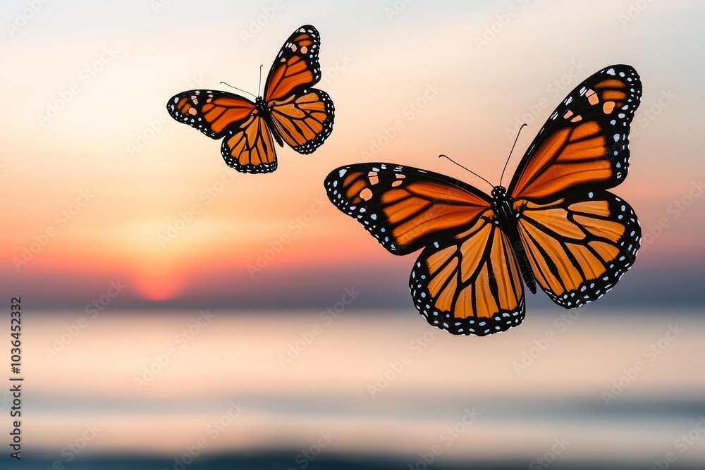 Obraz premium Two Monarch butterflies gracefully fly above a serene sunset ocean, painting