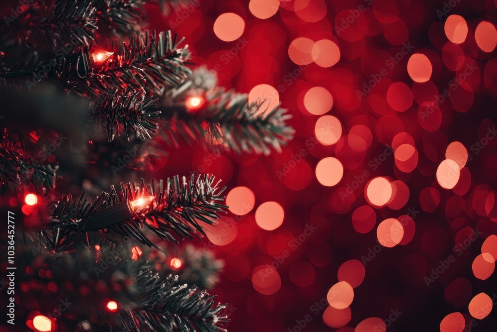 A Christmas tree with twinkling lights and red bokeh sparkles, set against a deep red canvas, radiating warmth and festive cheer, perfect for a holiday card or celebration backdrop A Christmas tree with twinkling lights and red bokeh sparkles, set against a deep red canvas, radiating warmth and festive cheer, perfect for a holiday card or celebration backdrop