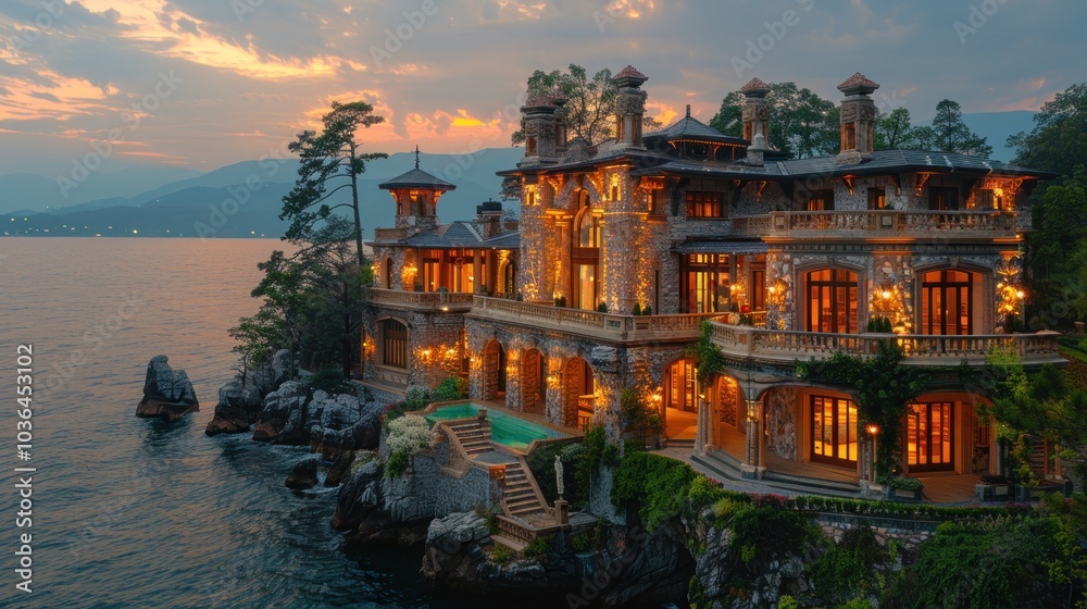 Fototapeta premium Luxury Waterfront Estate at Dusk