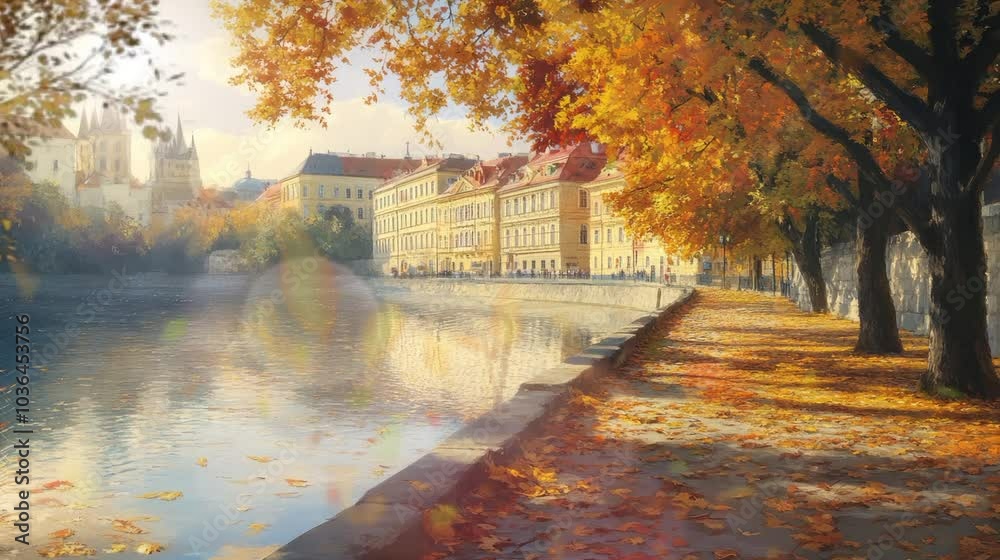 A calm autumn scene, with a river, colorful trees, and old buildings lining the shore. A calm autumn scene, with a river, colorful trees, and old buildings lining the shore.