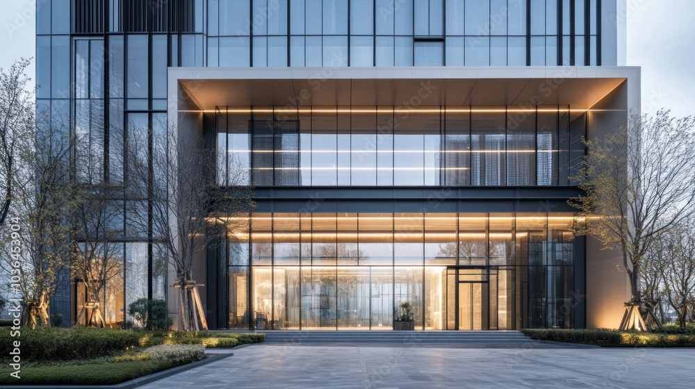 Building facade design, with a focus on sleek lines and modern materials. Large glass panels, metal frames, and a mix of natural stone create a dynamic and eye-catching exterior Building facade design, with a focus on sleek lines and modern materials. Large glass panels, metal frames, and a mix of natural stone create a dynamic and eye-catching exterior