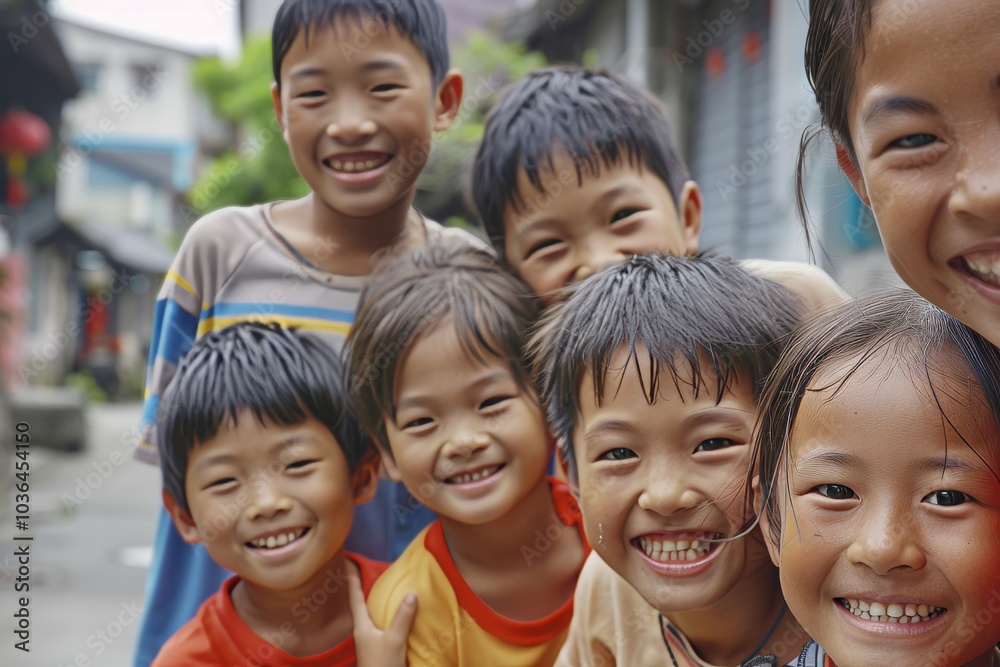 Group of happy Asian children smiling and looking at the camera in the street Group of happy Asian children smiling and looking at the camera in the street