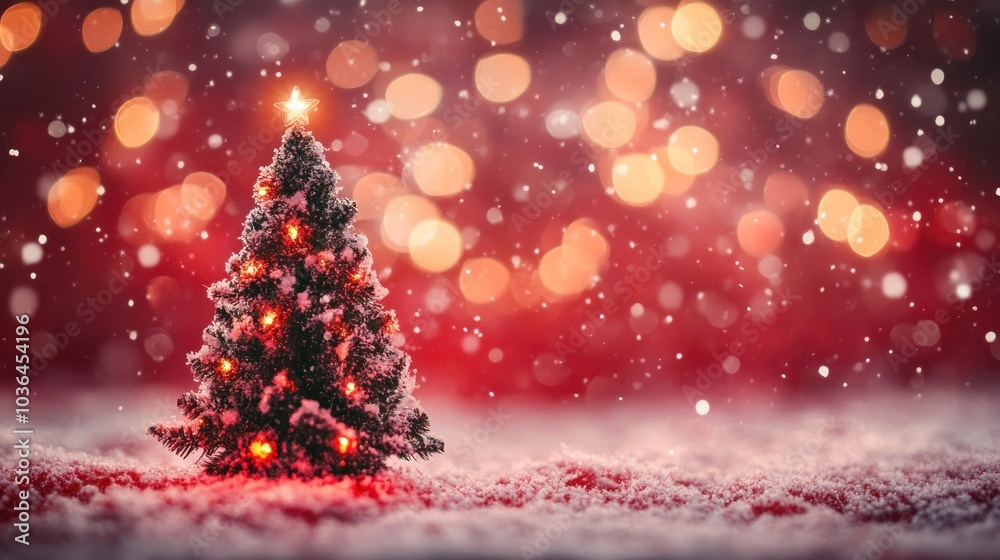 Christmas tree and bokeh lights on red canvas, glowing lights and soft sparkles creating a warm, magical atmosphere. The tree stands beautifully adorned, adding to the festive feel Christmas tree and bokeh lights on red canvas, glowing lights and soft sparkles creating a warm, magical atmosphere. The tree stands beautifully adorned, adding to the festive feel