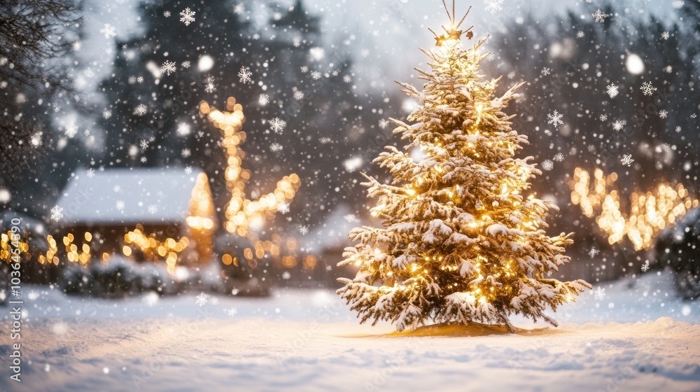 Christmas tree with snow and decorations, standing tall in a snowy yard, adorned with twinkling lights, ornaments, and snowflakes softly falling, creating a serene and festive atmosphere Christmas tree with snow and decorations, standing tall in a snowy yard, adorned with twinkling lights, ornaments, and snowflakes softly falling, creating a serene and festive atmosphere