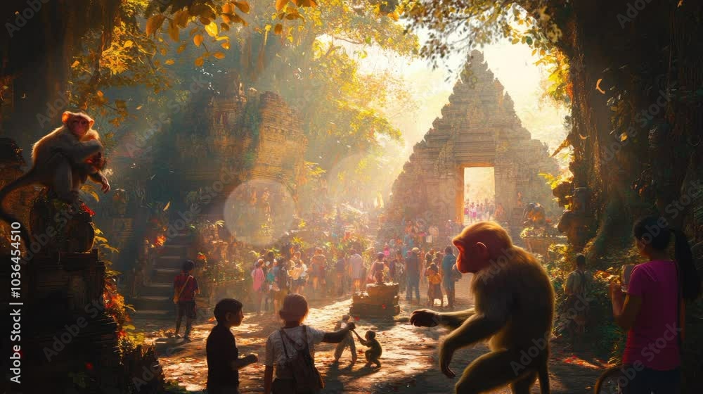 A bustling scene of people and monkeys in a sunlit, ancient temple setting. Trees and stone structures surround them. A bustling scene of people and monkeys in a sunlit, ancient temple setting. Trees and stone structures surround them.